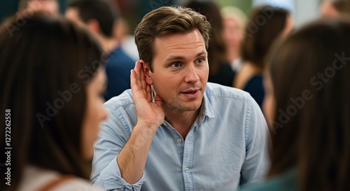 Man Listening Carefully in Crowded Room Demonstrating Active Listening Skill