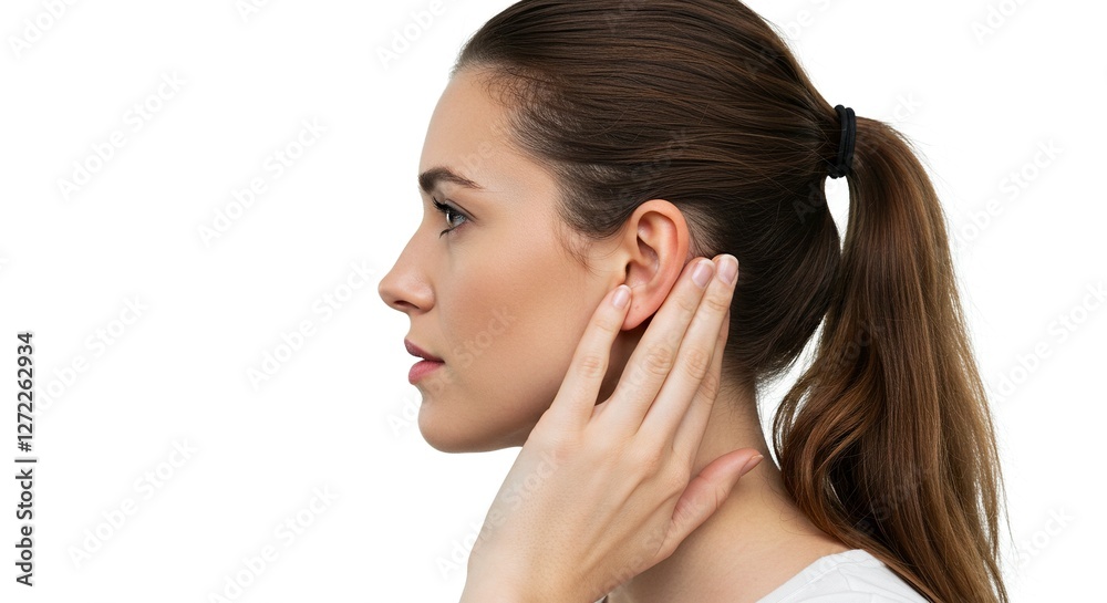 Woman Holding Ear Side Profile on White Background for Hearing Concept Woman Holding Ear Side Profile on White Background for Hearing Concept