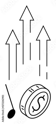 Upward arrows next to tilted coin with dollar sign symbolizing profit, economic growth, and opportunities. Ideal for business, investment, finance, strategy, startups, achievements abstract line