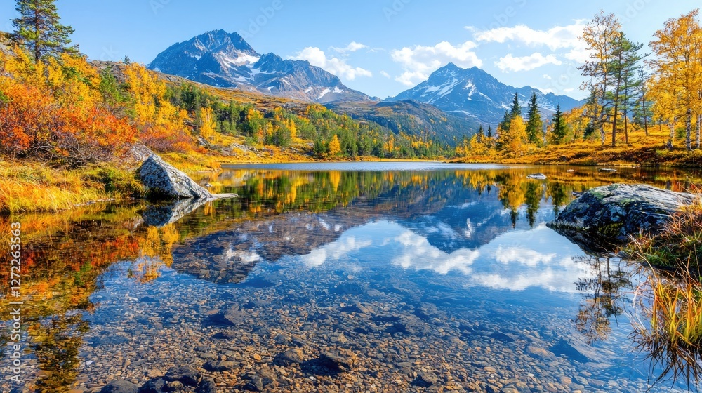 Obraz premium Autumn mountain lake reflection, clear water, fall foliage