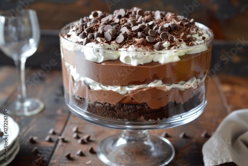Chocolate trifle with whipped cream and chips. Neural network AI generated