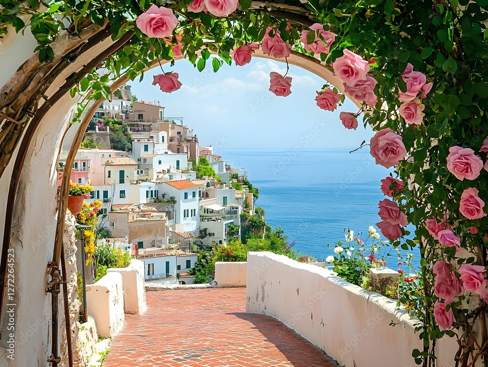 Fototapeta premium Pink rose arch framing terracotta stairway and whitewashed Mediterranean coastal village
