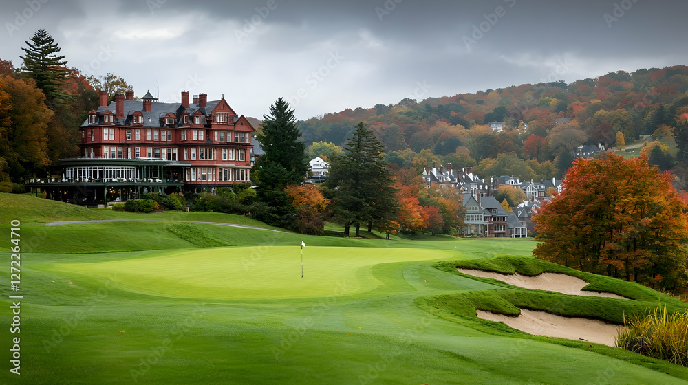 custom made wallpaper toronto digitalAutumnal golf course putting green, grand mansion, hilly landscape, overcast sky; luxury resort advertising