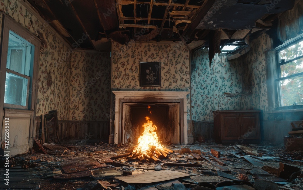 Flickering flames dance in an abandoned room with peeling wallpaper and a collapsed ceiling at dusk Flickering flames dance in an abandoned room with peeling wallpaper and a collapsed ceiling at dusk