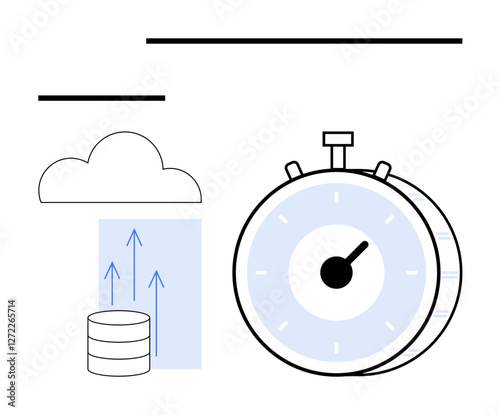 Cloud storage, data upload from a database, upward arrows, and a stopwatch emphasize rapid cloud computing. Ideal for technology, data management, speed, efficiency, storage cloud solutions