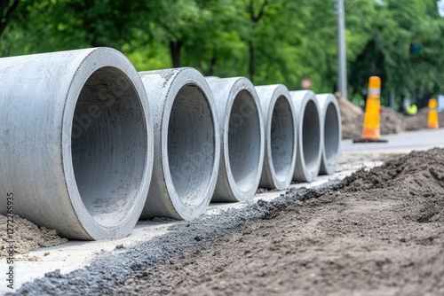 Large concrete pipes lined up for a construction project beside a road, concrete drainage pipes, precast concrete pipes prepared for installation.