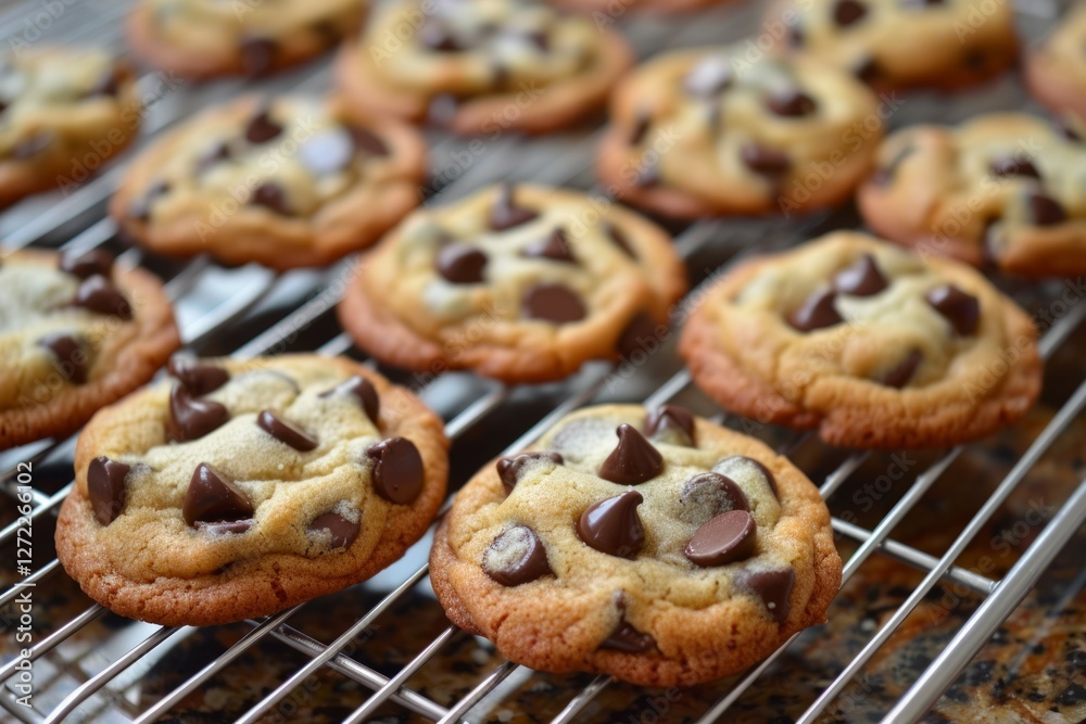 Fresh chocolate chip cookies on cooling rack. Neural network AI generated Fresh chocolate chip cookies on cooling rack. Neural network AI generated