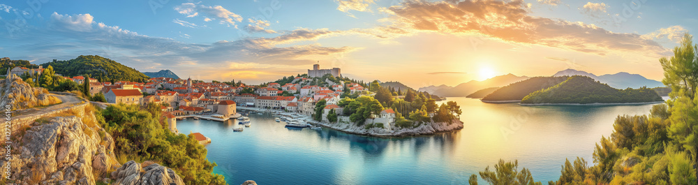 Naklejka premium Scenic coastal town with medieval architecture at sunset