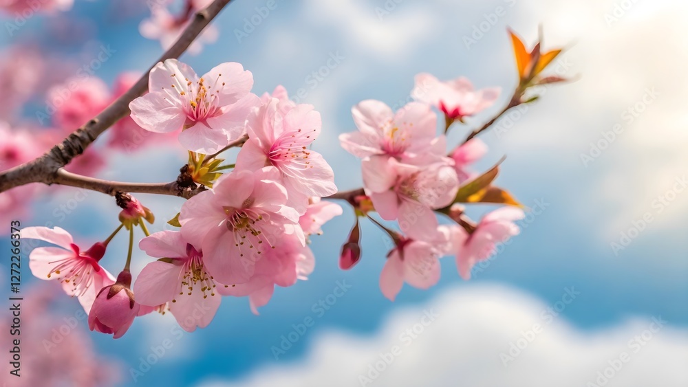 Fototapeta premium A branch of delicate pink cherry blossoms against a bright sky, showcasing the beauty of spring and nature