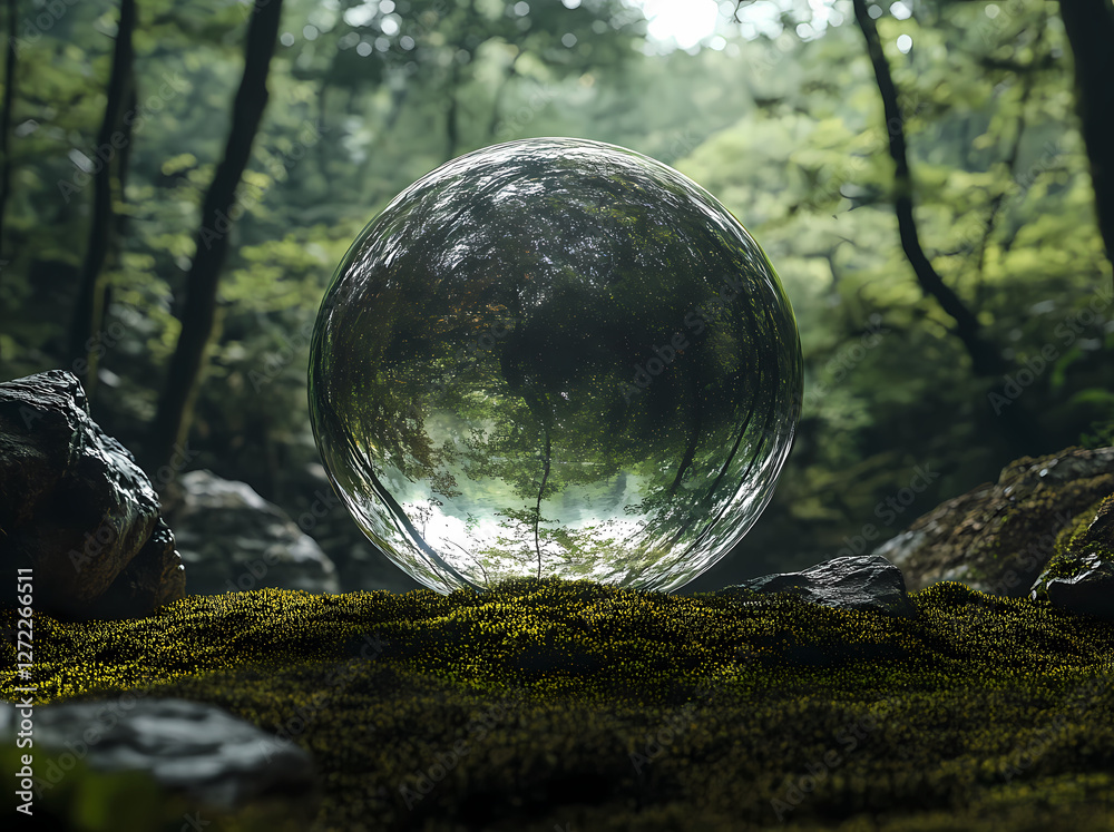 Mystical Orb in Enchanted Forest: A captivating, transparent sphere reflecting the lush, green environment of an enchanted forest, resting on moss-covered ground surrounded by stones. Mystical Orb in Enchanted Forest: A captivating, transparent sphere reflecting the lush, green environment of an enchanted forest, resting on moss-covered ground surrounded by stones.