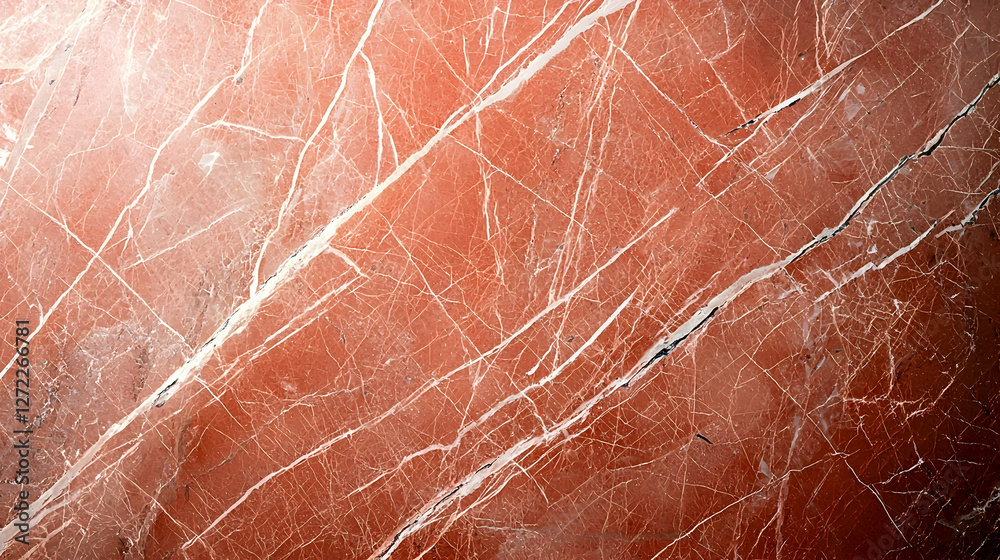 Fototapeta premium Close-up view of reddish-pink marble texture with white and dark veins. Background shows intricate patterns. Possible use design inspiration