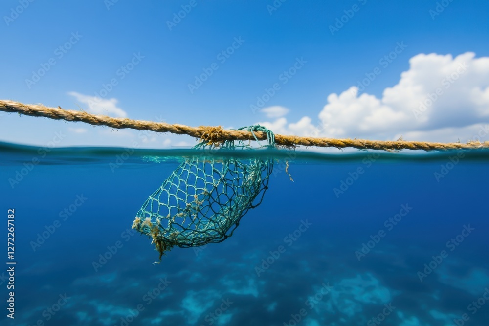 Fototapeta premium A rope with fishing net hangs over the ocean surface, partially submerged in the blue water below.