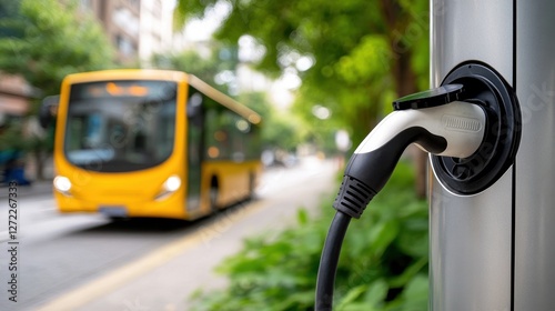 Electric vehicle charger, electric bus in motion on urban street, promoting sustainable transportation. photo