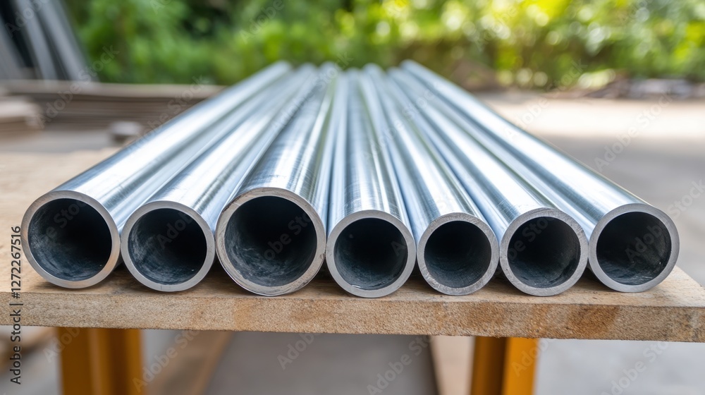 Shiny metal pipes neatly arranged, displayed on a wooden surface outdoors. Shiny metal pipes neatly arranged, displayed on a wooden surface outdoors.