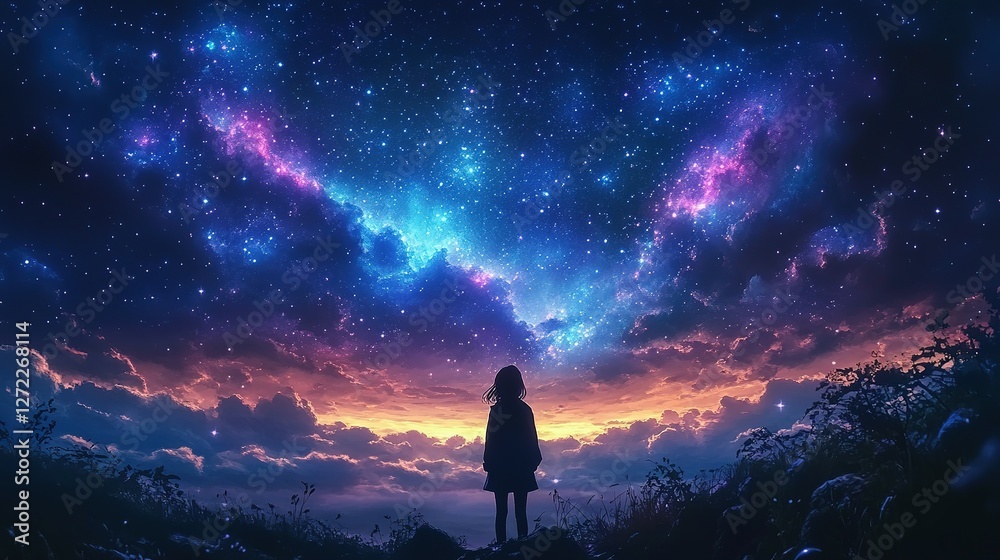 Fototapeta premium Girl Silhouetted Against A Vivid Starry Night Sky