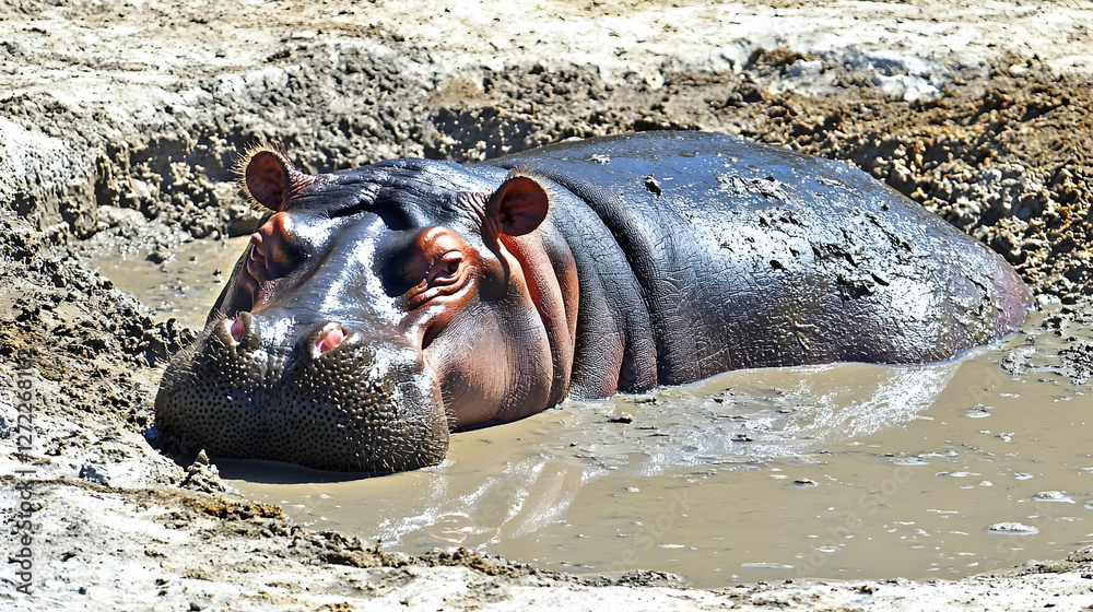 Fototapeta premium Hippopotamus in mud pit, African savanna landscape. Possible use wildlife documentary
