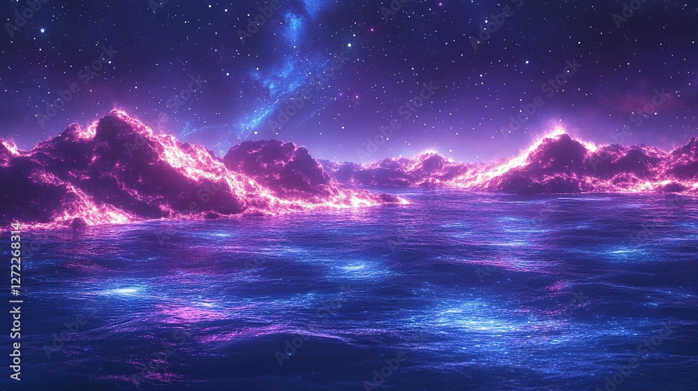 Fototapeta premium Glowing Mountains Across a Starry Night Sea