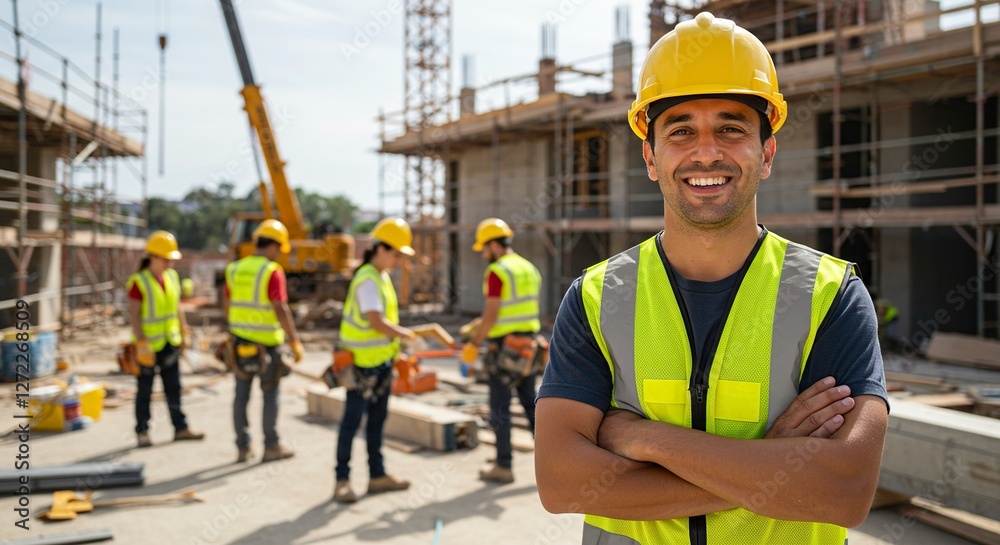 Smiling Construction Worker with Crew at a Building Site Smiling Construction Worker with Crew at a Building Site
