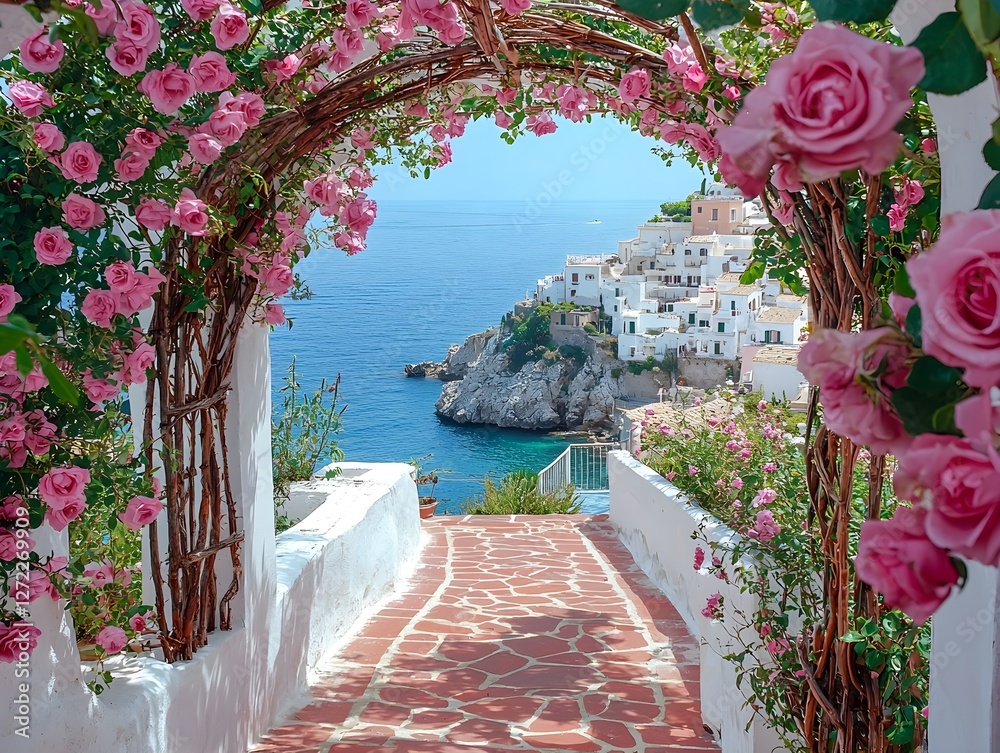 Fototapeta premium White arch with pink roses framing a seaside path and coastal town in southern Italy