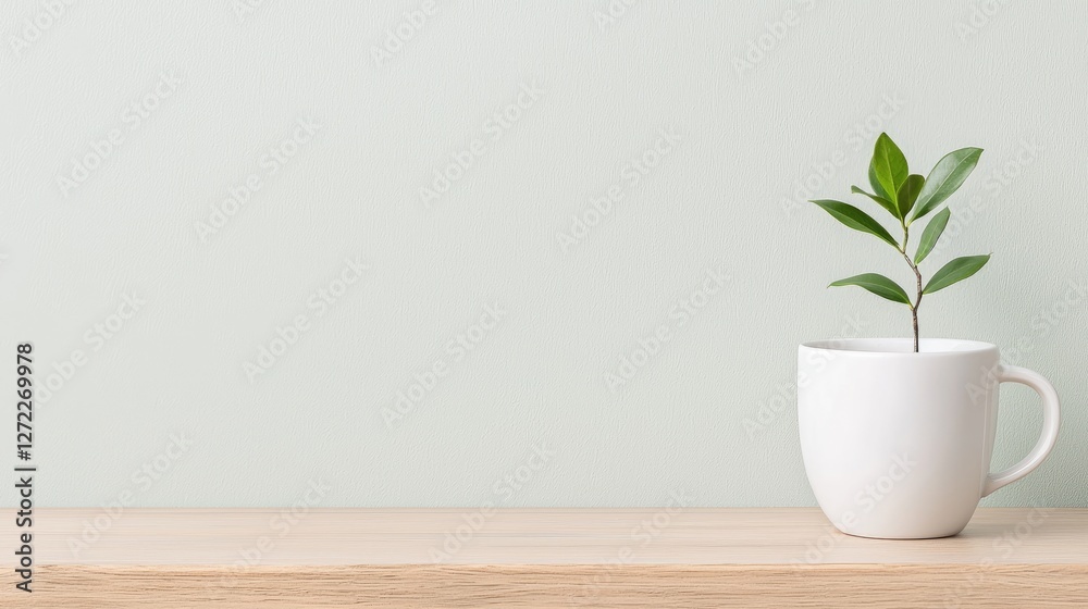 Small Plant in White Coffee Cup on Light Wood Desk Small Plant in White Coffee Cup on Light Wood Desk