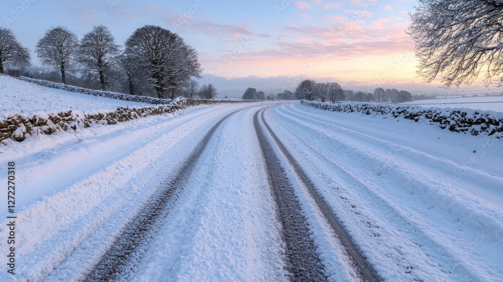 Fototapeta premium Winter Road, Snowy Landscape, Sunrise, Tranquil Scene. Possible Use Stock photo