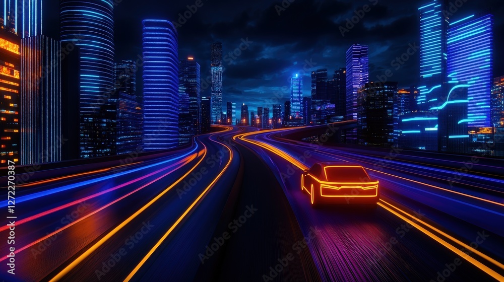 Naklejka premium A futuristic neon-lit cityscape at night featuring a glowing car on a winding road