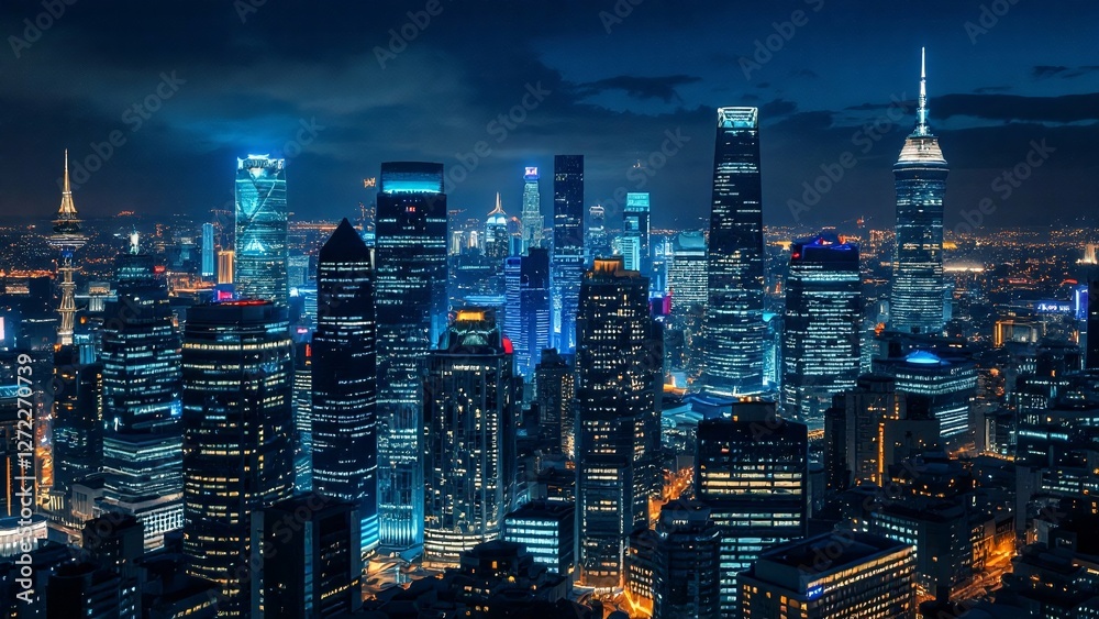 Fototapeta premium Illuminated Futuristic Cityscape with Skyscrapers and Neon Lights at Night, Urban Illustration PC, Laptop Wallpaper