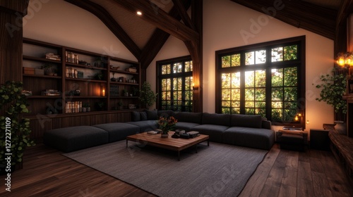 Cozy living room with a sectional sofa, large windows, and built-in bookshelves. Warm lighting creates a relaxing atmosphere.