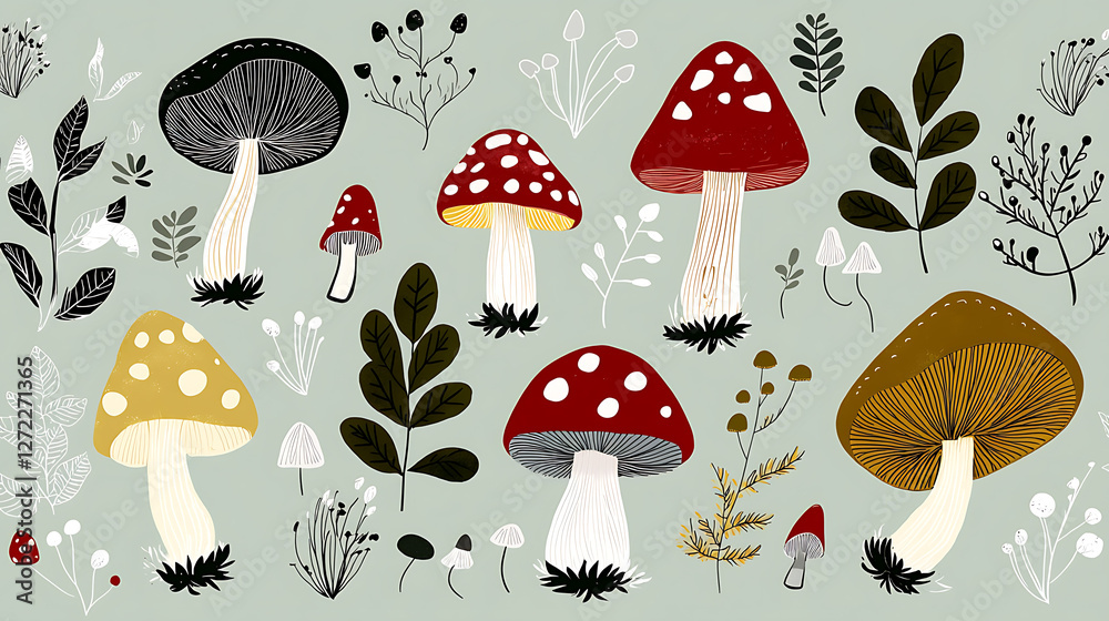 A colorful drawing of various mushrooms and plants. generated using AI A colorful drawing of various mushrooms and plants. generated using AI