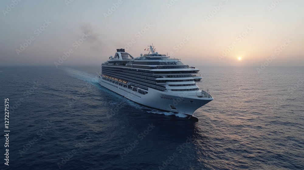 Naklejka premium Cruise ship sailing at sunset, ocean view, calm sea, travel