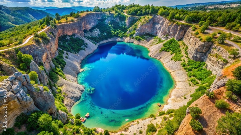 Fototapeta premium Imotski Blue Lake, Croatia: Aerial View of Stunning Limestone Crater Lake in Summer