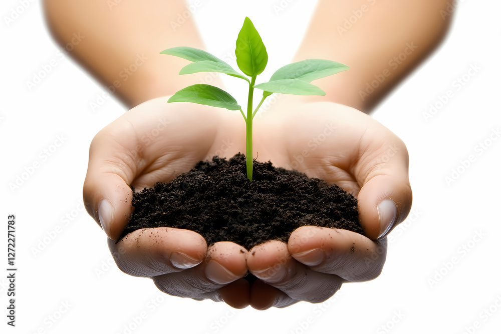 Nurturing Life: A gentle pair of hands cradles a flourishing young plant, symbolizing growth, hope, and environmental stewardship. 