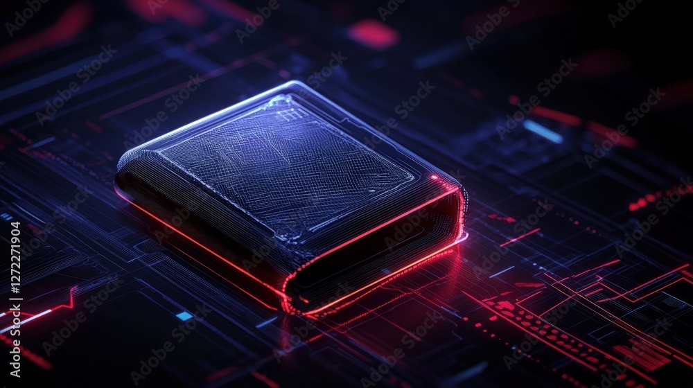 A futuristic electronic component illuminated with neon red and blue lights, surrounded by intricate circuits. This abstract design conveys innovation, technology, and modernity. A futuristic electronic component illuminated with neon red and blue lights, surrounded by intricate circuits. This abstract design conveys innovation, technology, and modernity.