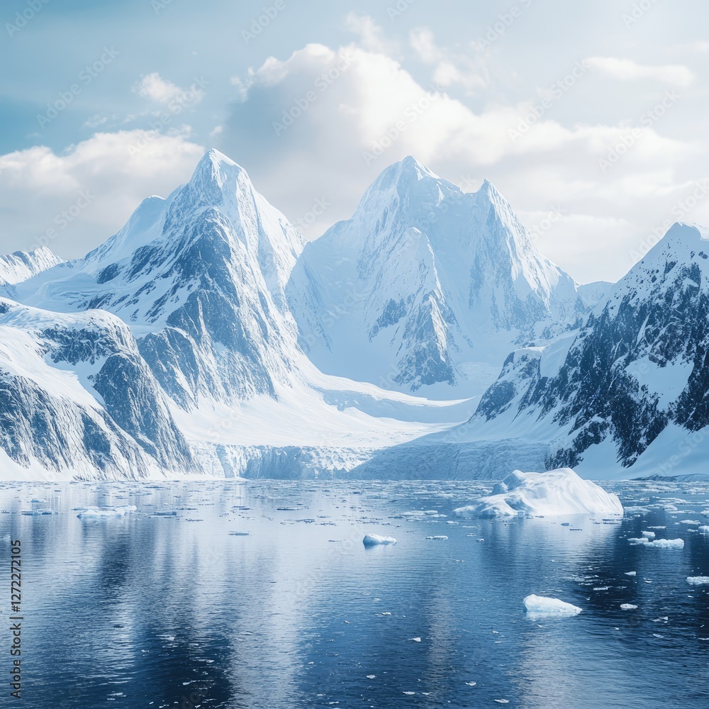 Fototapeta premium Arctic Mountains, Icebergs, Frozen Fjord, Sunlight