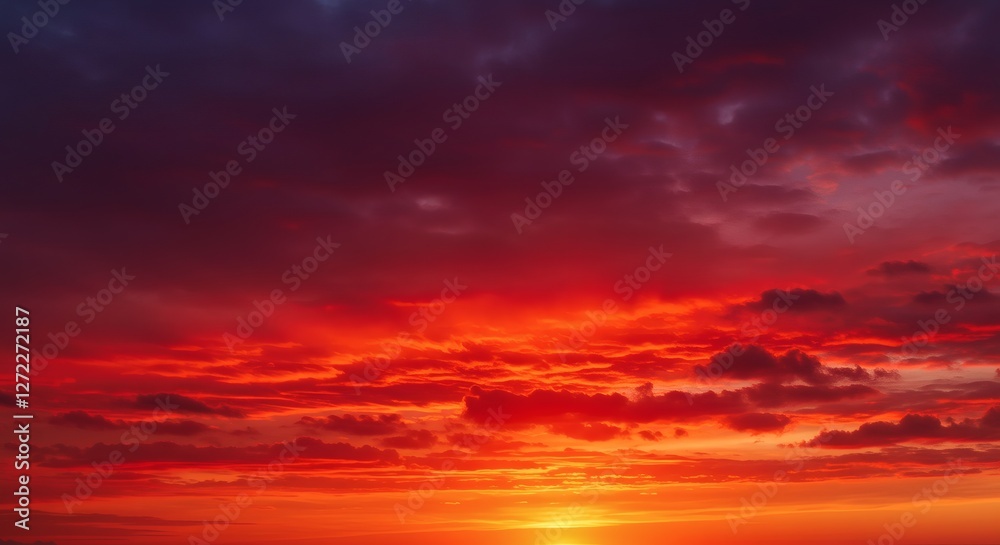 Naklejka premium Bright red sunset. Dramatic evening sky with clouds.