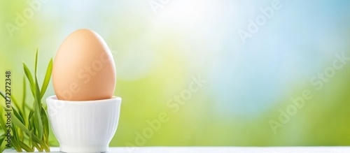A single brown egg in a white egg cup with green grass