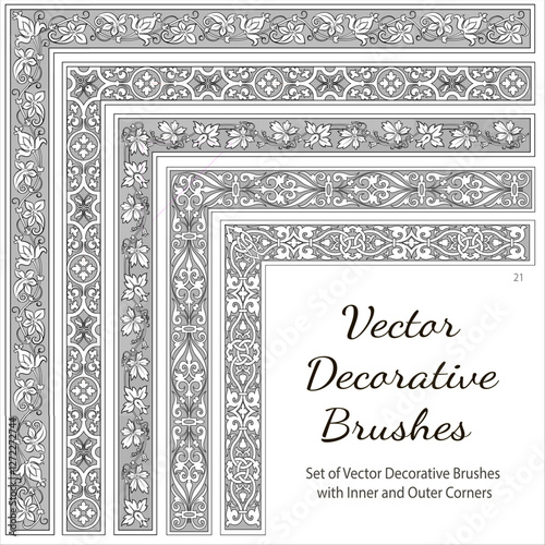 Set of Vector Decorative Color Brushes. Vector Decorative Brushes with Inner and Outer Corners. Seamless Borders for Patterned Frames. 