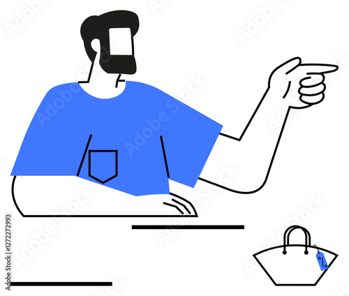 Bearded man in blue t-shirt pointing forward confidently, small bag with price tag nearby. Ideal for decision-making, shopping choices, leadership, direction, sales, retail, abstract line flat