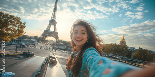 Fototapeta Naklejka Na Ścianę i Meble -  Happy cheerful female tourist taking selfie on a street of Paris, France.