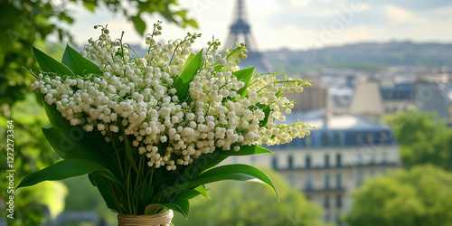 Fototapeta Naklejka Na Ścianę i Meble -  Flowering lily of the valley on a street of Paris. French tradition to offer lily of the valley on the 1st of May, International Workers Day which is a public holiday in France.