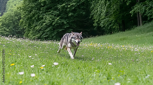 Gray wolf running through meadow with forest backdrop