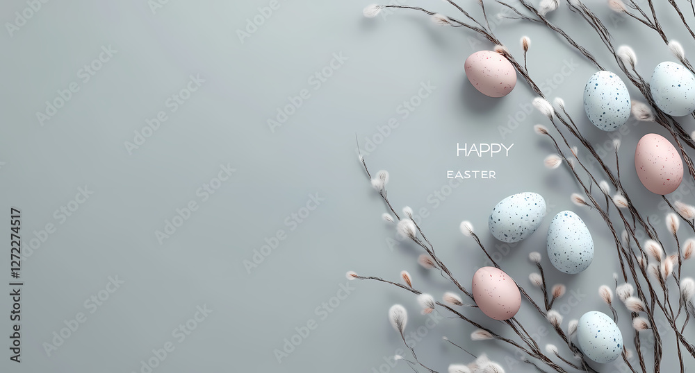 Fototapeta premium Easter Delight: A captivating Easter composition featuring pastel-colored eggs nestled among delicate branches, set against a minimalist backdrop, radiating joy and renewal.