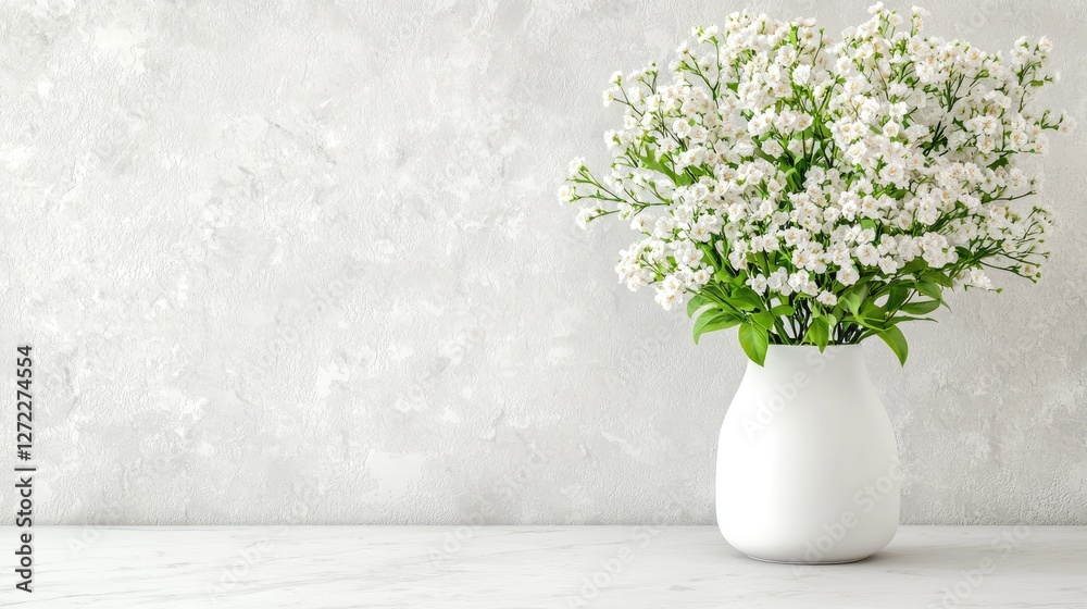 Fototapeta premium Fresh baby's breath flowers in a white ceramic vase on a marble table against a textured grey wall.