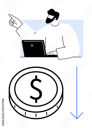 Person working on a laptop pointing upward a coin with a dollar sign and downward arrow below. Ideal for finance, economy, decline, budgeting, risk, business strategy, abstract line flat metaphor