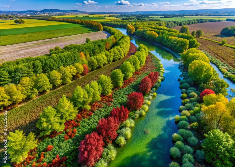 Naklejka premium Invasive Japanese Knotweed by Burgenland River, Austria - Drone Aerial View