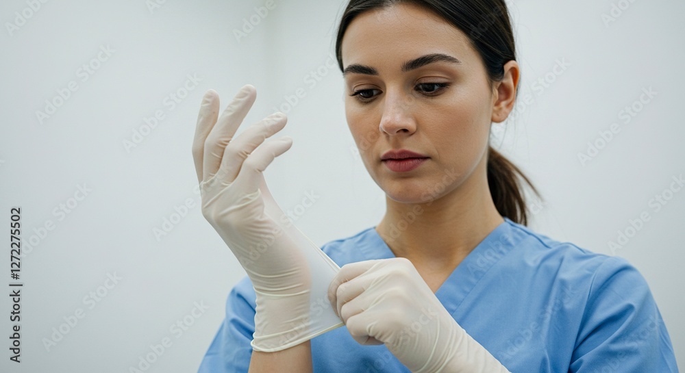 Nurse Putting on Protective Gloves Before Exam in Clean Environment Nurse Putting on Protective Gloves Before Exam in Clean Environment
