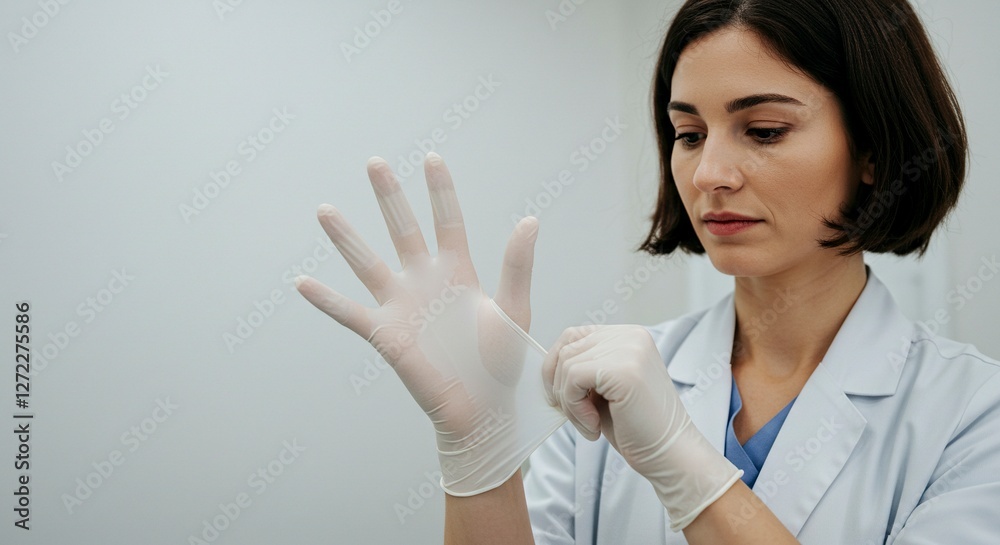 Doctor Putting on Protective Glove in Clinic for Medical Procedure Doctor Putting on Protective Glove in Clinic for Medical Procedure