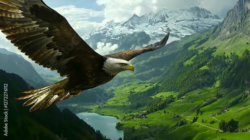 Majestic Eagle Soars Over Alpine Valley, Snowy Peaks Background