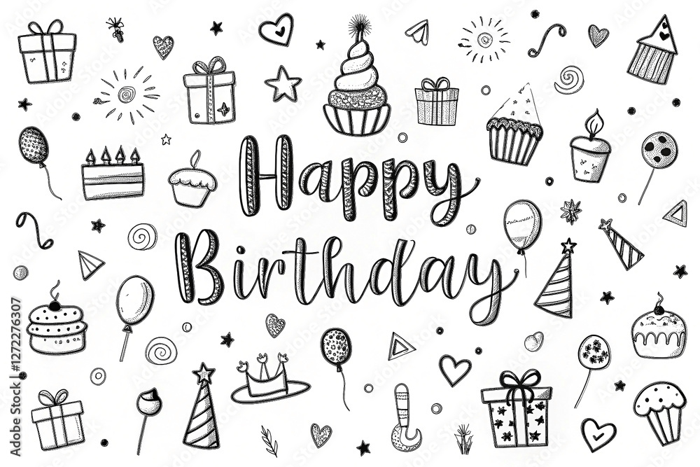 Fototapeta premium Black and white birthday doodle graphic design