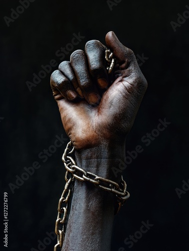 Black Hand in Chains, Powerful Protest, Dark Background, Symbolic of Oppression